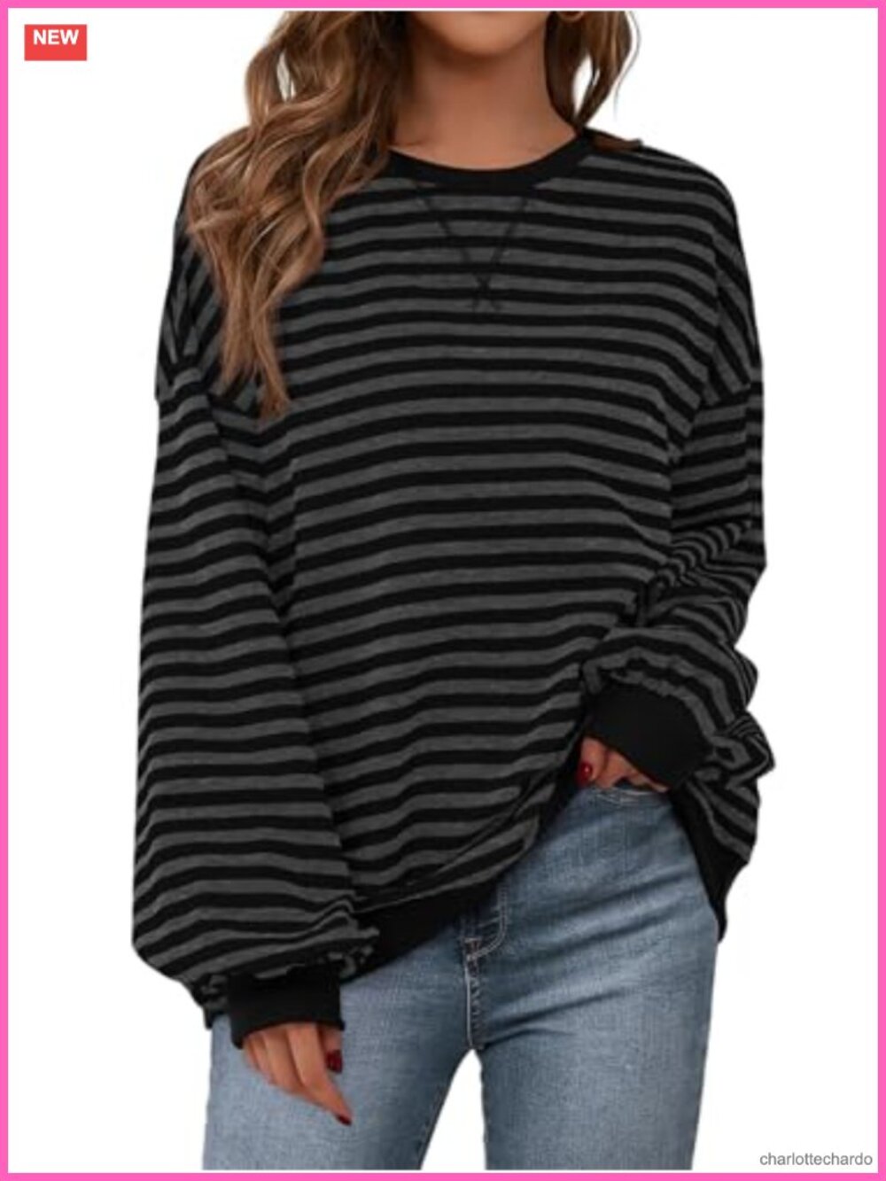 Women's Oversized Striped Crewneck Sweatshirt Cotton Elastane Long Sleeve